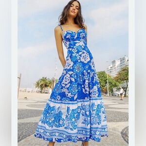 Farm Rio Full of Flowers Blue and White Midi Dress Size Medium